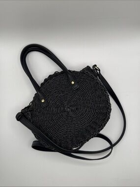 Country Road Black Round Woven Crossbody Bag with Top Handles Detachable Strap
